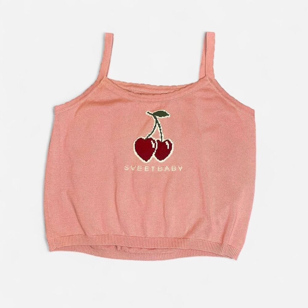 Pink Cherry Knit Cami Graphic Tank Top